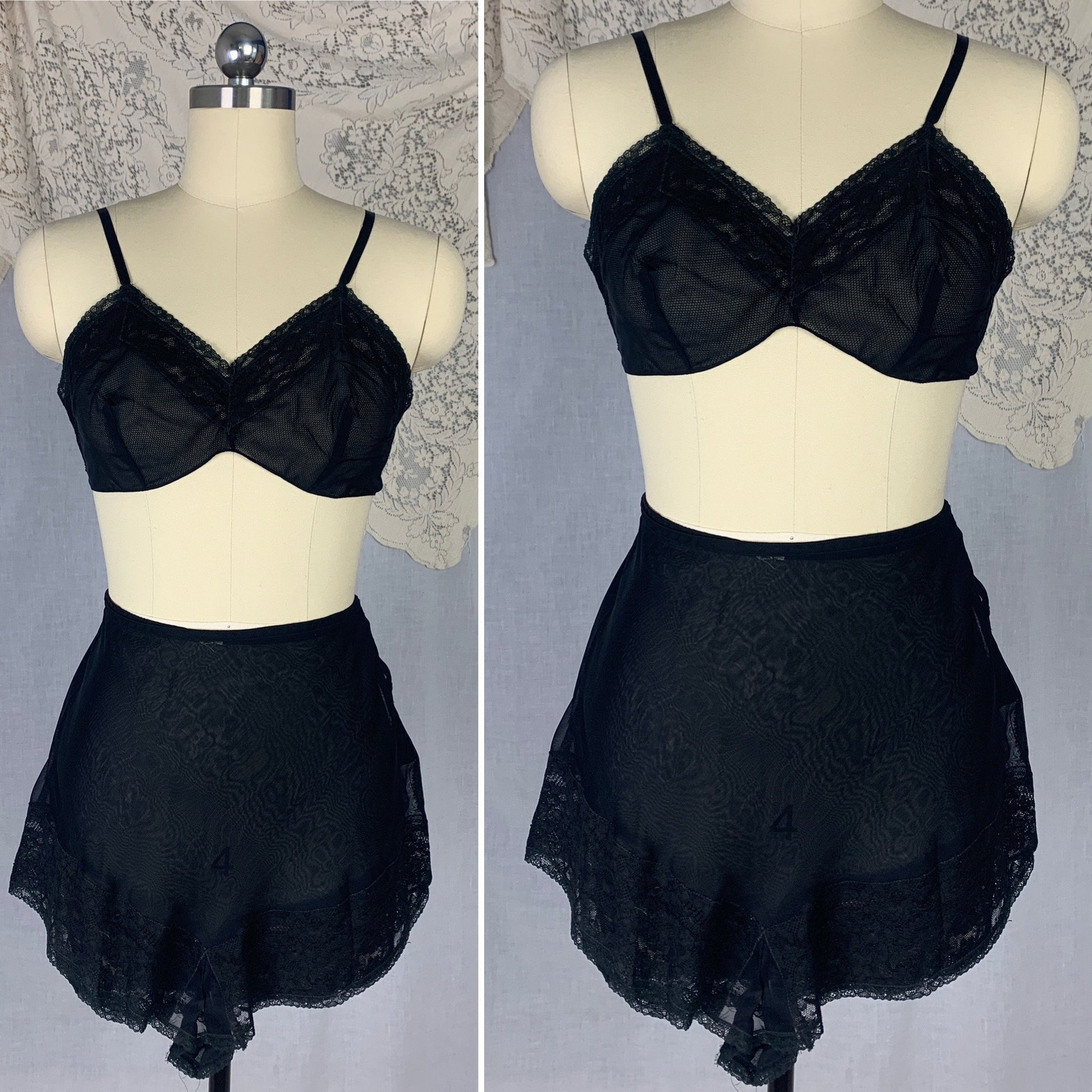 Vintage 1940's Bralette & Tap Pant Set | Sheer Black Rayon Chiffon with Lace | Size S, M - Daggers & Dames