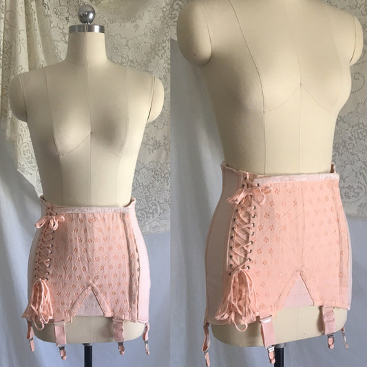 Vintage 1940's Corset Girdle | Bubblegum Pink Damask with Velvet & Boning | French Lingerie | Open Bottom with Garters | Size M, LG - Daggers & Dames