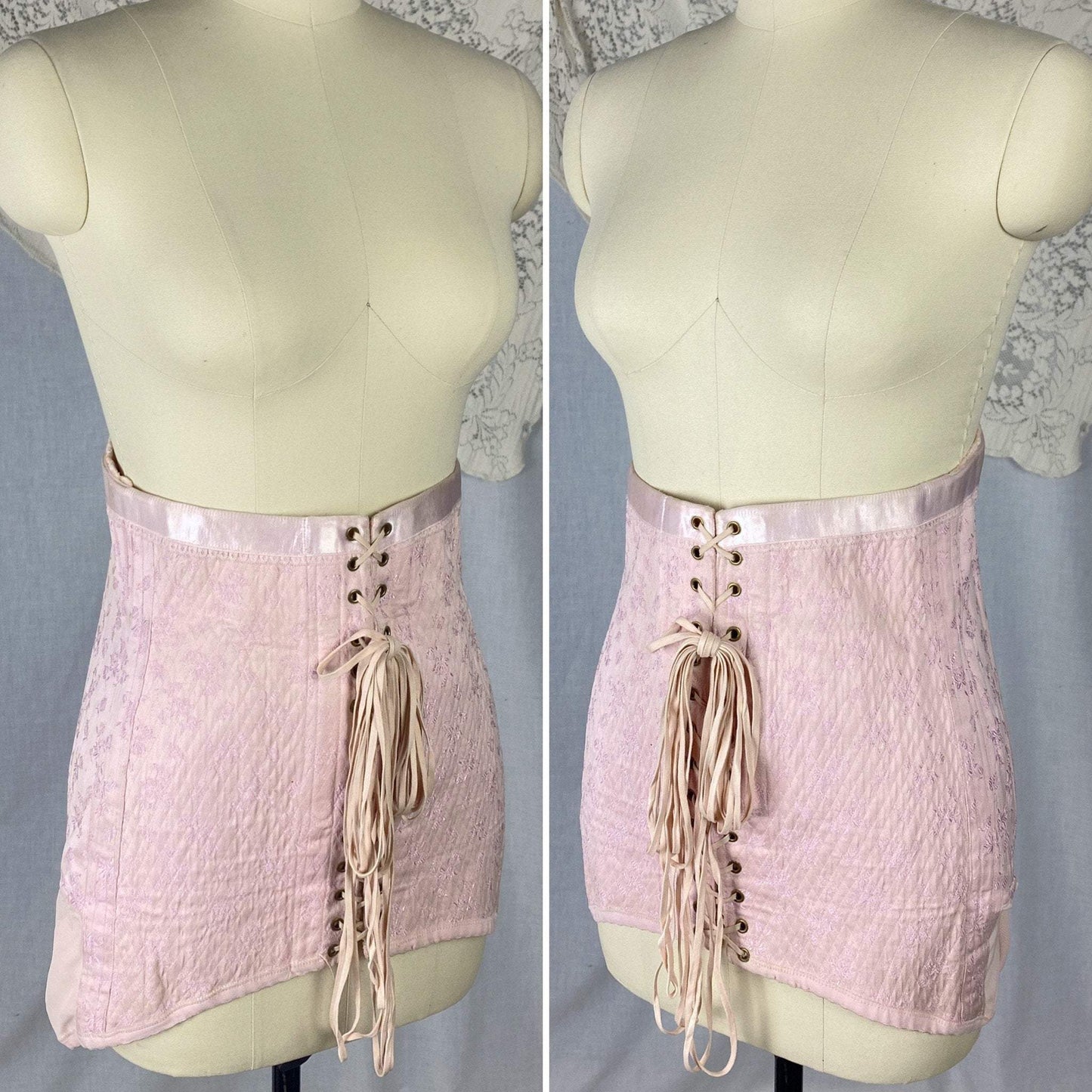 Vintage 1940's Corset Girdle | Light Pink Quilted Satin Damask with Lush Velvet Lining | Size LG, XLG | Made in France - Daggers & Dames