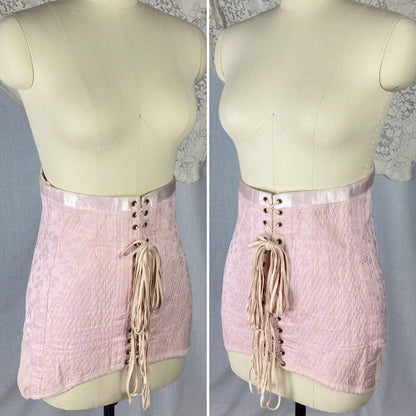Vintage 1940's Corset Girdle | Light Pink Quilted Satin Damask with Lush Velvet Lining | Size LG, XLG | Made in France - Daggers & Dames