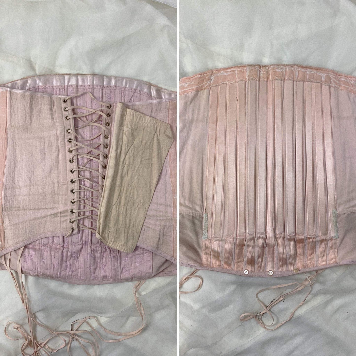 Vintage 1940's Corset Girdle | Light Pink Quilted Satin Damask with Lush Velvet Lining | Size LG, XLG | Made in France - Daggers & Dames