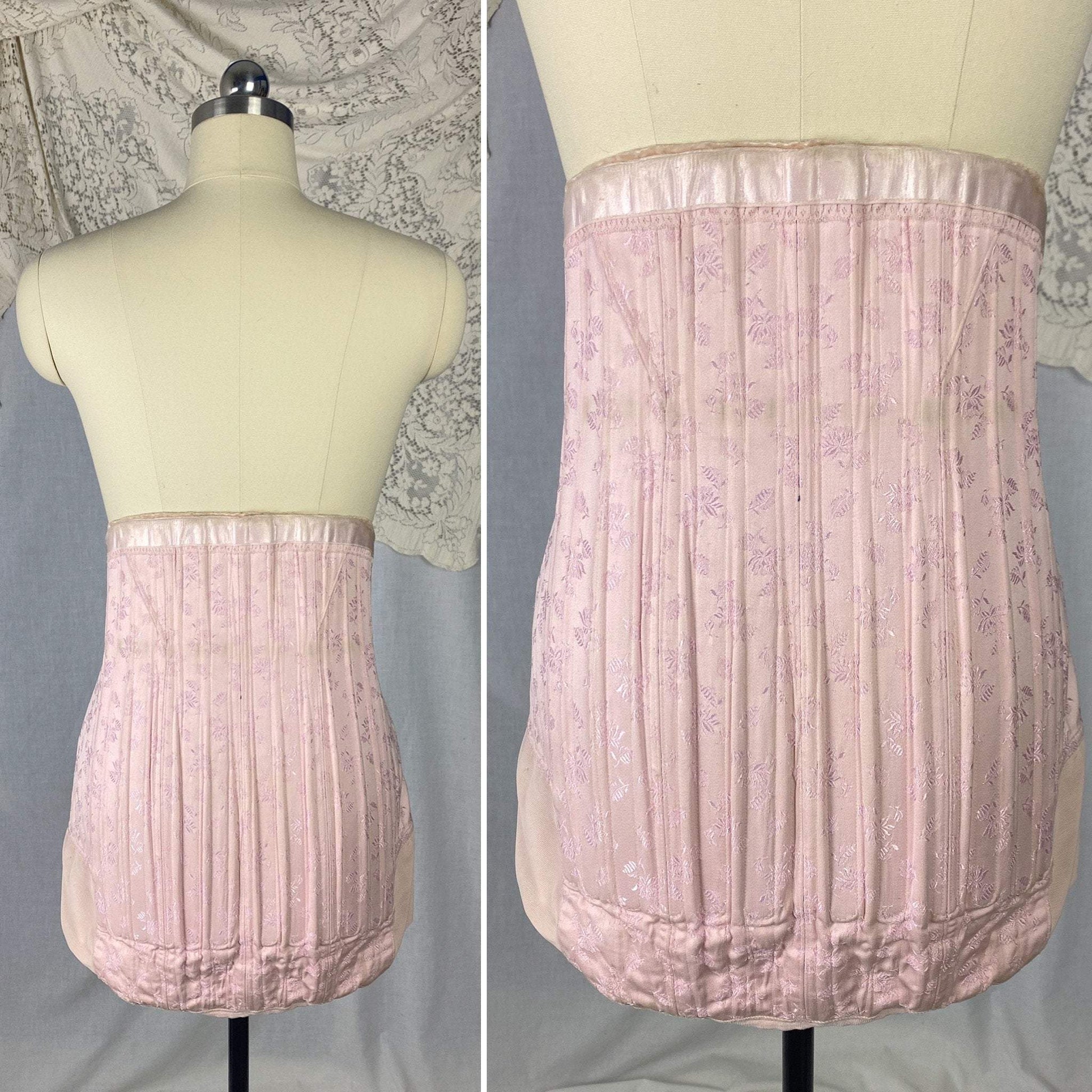 Vintage 1940's Corset Girdle | Light Pink Quilted Satin Damask with Lush Velvet Lining | Size LG, XLG | Made in France - Daggers & Dames