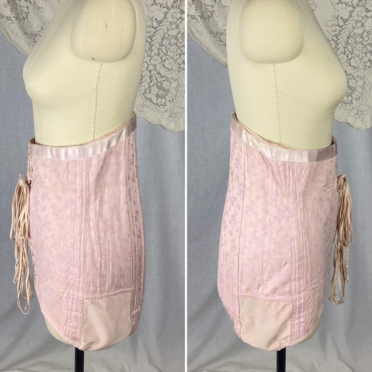 Vintage 1940's Corset Girdle | Light Pink Quilted Satin Damask with Lush Velvet Lining | Size LG, XLG | Made in France - Daggers & Dames