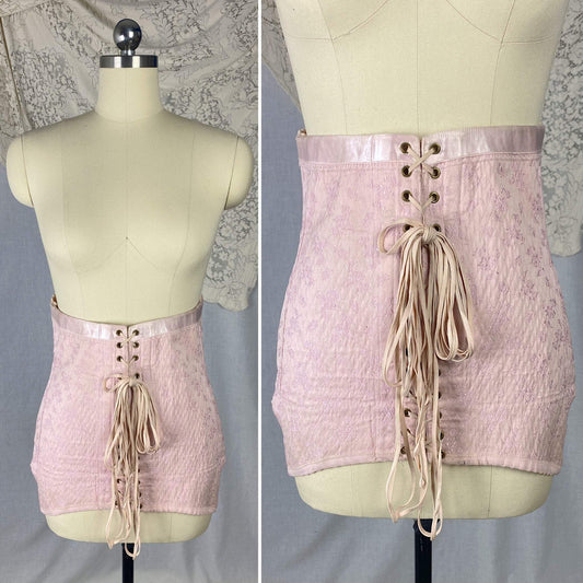 Vintage 1940's Corset Girdle | Light Pink Quilted Satin Damask with Lush Velvet Lining | Size LG, XLG | Made in France - Daggers & Dames