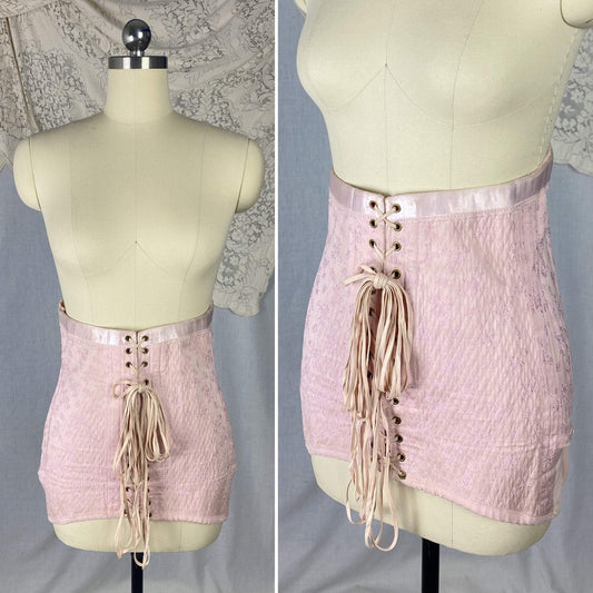 Vintage 1940's Corset Girdle | Light Pink Quilted Satin Damask with Lush Velvet Lining | Size LG, XLG | Made in France - Daggers & Dames