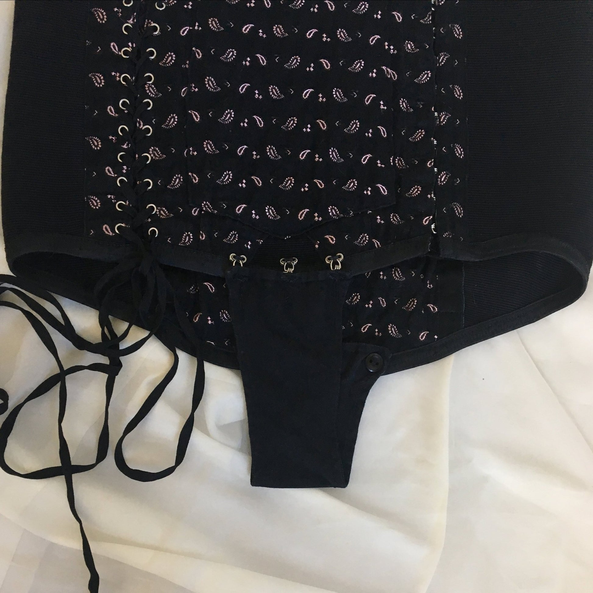 Vintage 1940's Corset Panties | Black Cotton with Pink Satin Damask & Velvet Lining | Size LG, XL | Made in France - Daggers & Dames