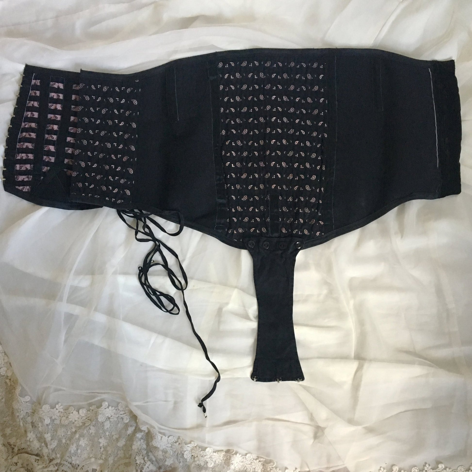 Vintage 1940's Corset Panties | Black Cotton with Pink Satin Damask & Velvet Lining | Size LG, XL | Made in France - Daggers & Dames
