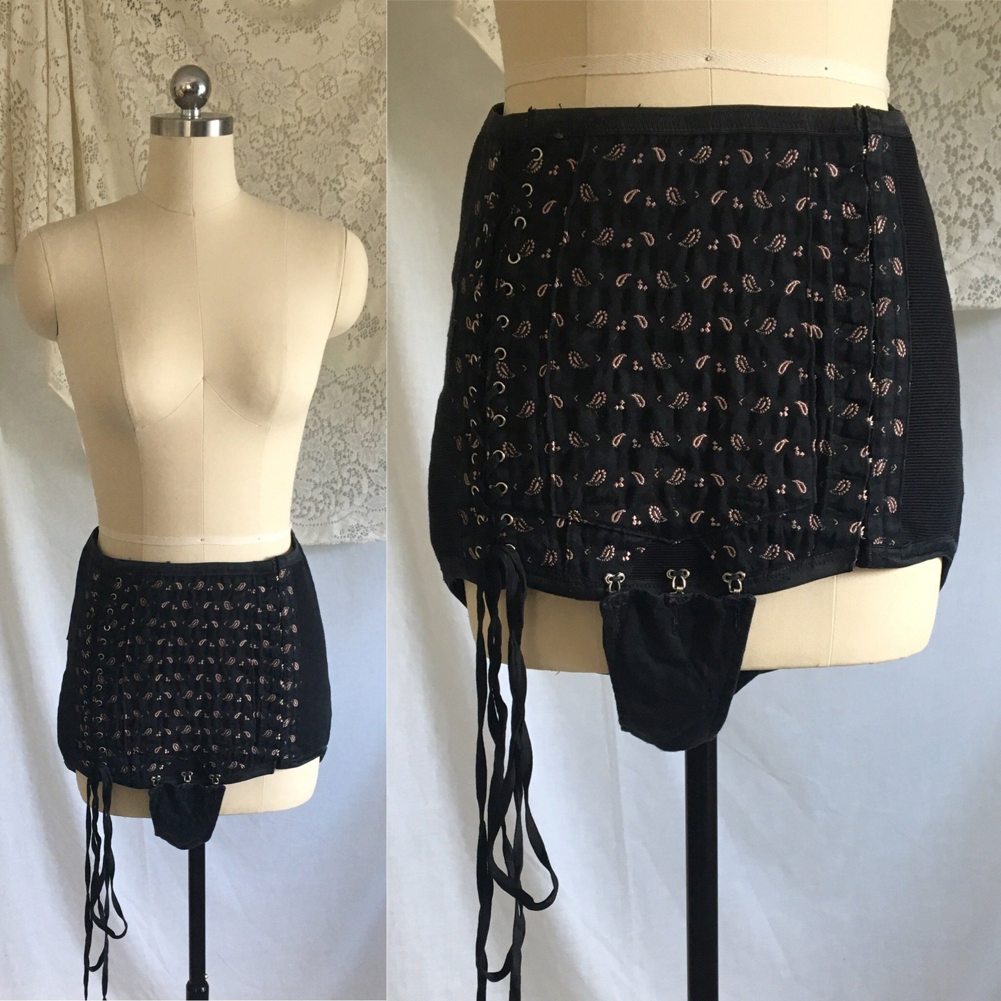 Vintage 1940's Corset Panties | Black Cotton with Pink Satin Damask & Velvet Lining | Size LG, XL | Made in France - Daggers & Dames