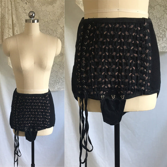 Vintage 1940's Corset Panties | Black Cotton with Pink Satin Damask & Velvet Lining | Size LG, XL | Made in France - Daggers & Dames