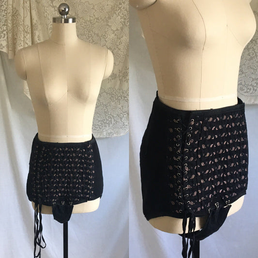 Vintage 1940's Corset Panties | Black Cotton with Pink Satin Damask & Velvet Lining | Size LG, XL | Made in France - Daggers & Dames