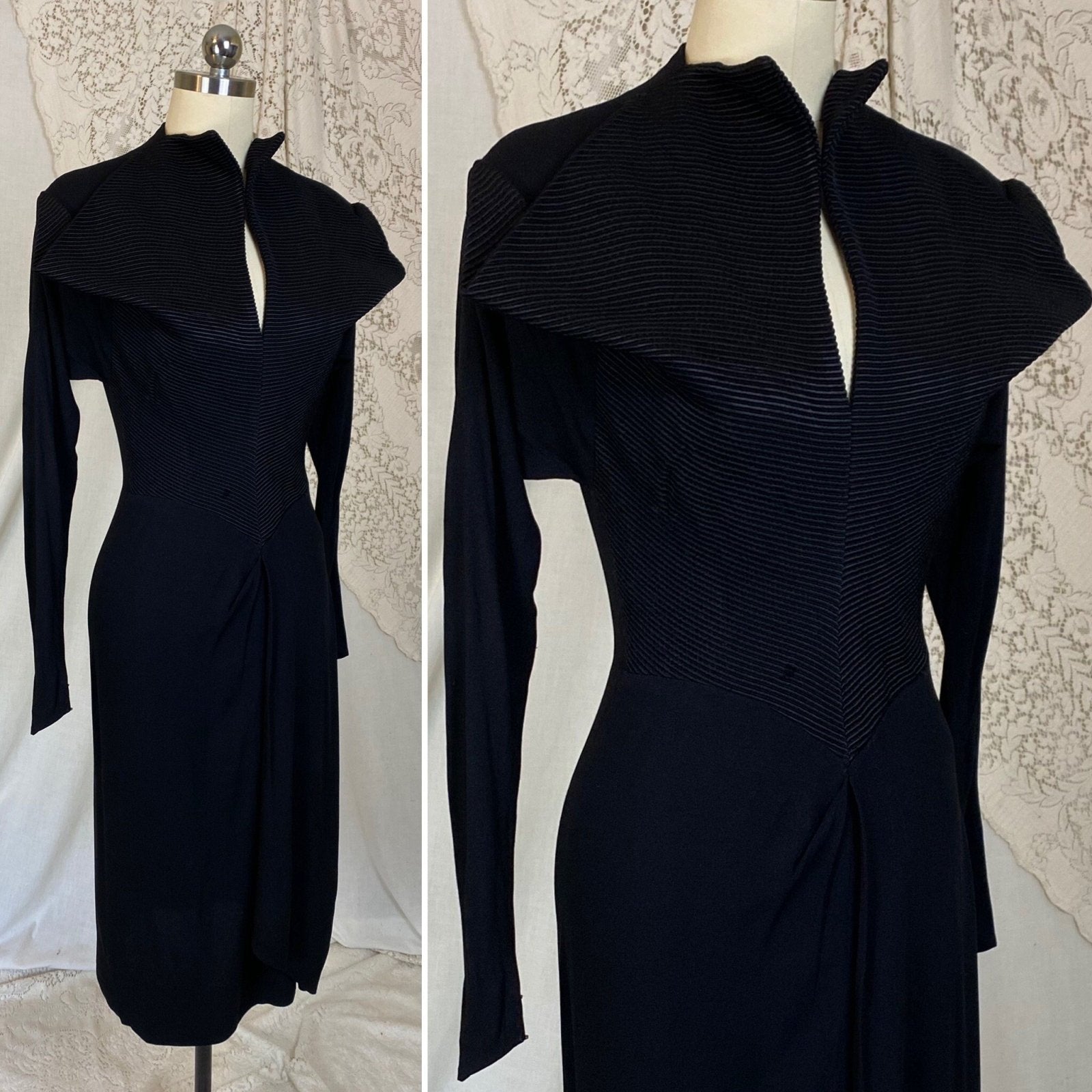 Vintage 1940's Dress | Black Rayon Crepe with High Collar & Darted Sleeves | Size XS | Dorothy O'Hara - Daggers & Dames