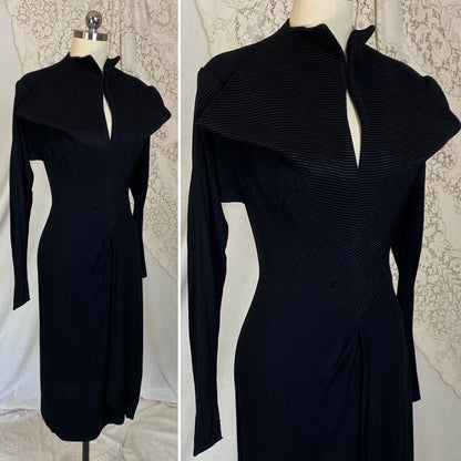 Vintage 1940's Dress | Black Rayon Crepe with High Collar & Darted Sleeves | Size XS | Dorothy O'Hara - Daggers & Dames