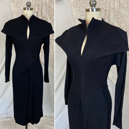 Vintage 1940's Dress | Black Rayon Crepe with High Collar & Darted Sleeves | Size XS | Dorothy O'Hara - Daggers & Dames