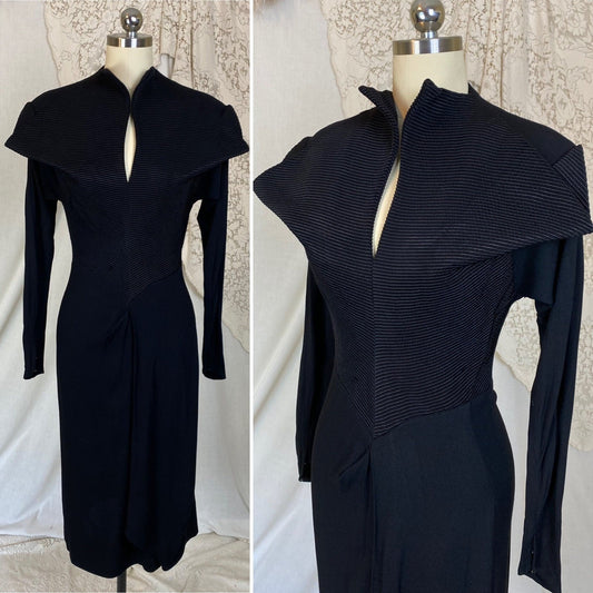 Vintage 1940's Dress | Black Rayon Crepe with High Collar & Darted Sleeves | Size XS | Dorothy O'Hara - Daggers & Dames