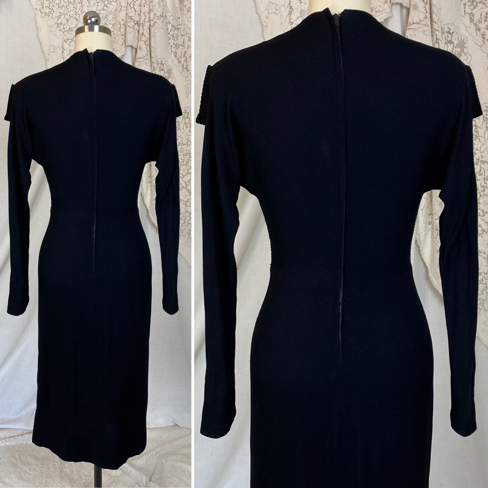 Vintage 1940's Dress | Black Rayon Crepe with High Collar & Darted Sleeves | Size XS | Dorothy O'Hara - Daggers & Dames