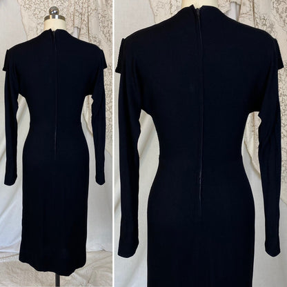 Vintage 1940's Dress | Black Rayon Crepe with High Collar & Darted Sleeves | Size XS | Dorothy O'Hara - Daggers & Dames