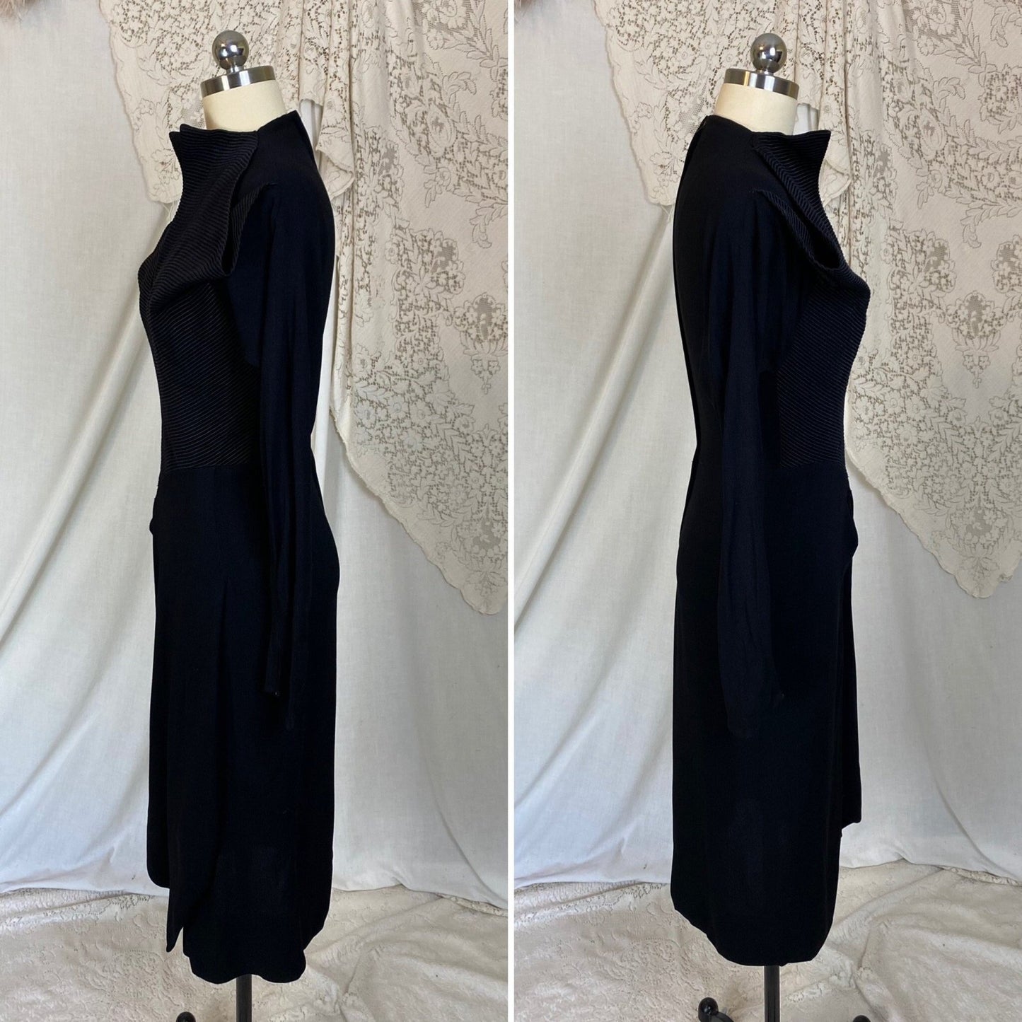 Vintage 1940's Dress | Black Rayon Crepe with High Collar & Darted Sleeves | Size XS | Dorothy O'Hara - Daggers & Dames