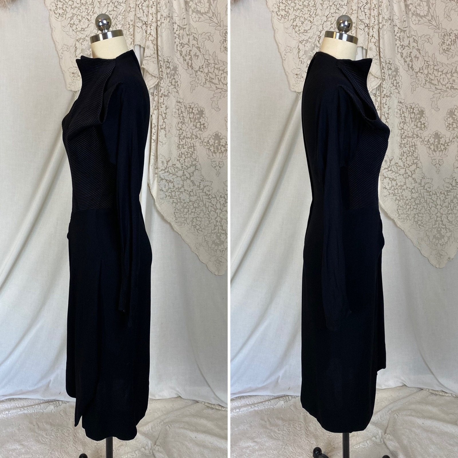 Vintage 1940's Dress | Black Rayon Crepe with High Collar & Darted Sleeves | Size XS | Dorothy O'Hara - Daggers & Dames