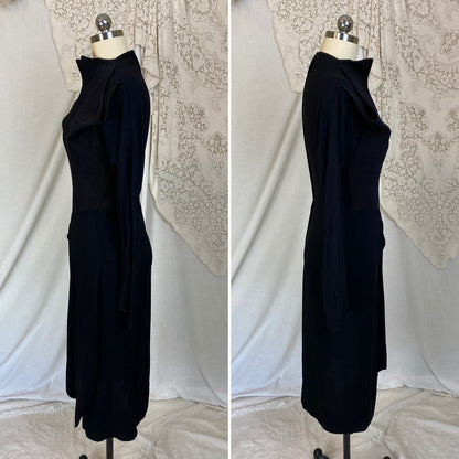 Vintage 1940's Dress | Black Rayon Crepe with High Collar & Darted Sleeves | Size XS | Dorothy O'Hara - Daggers & Dames