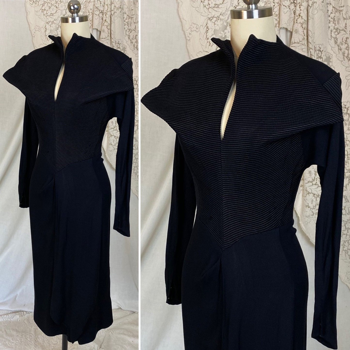 Vintage 1940's Dress | Black Rayon Crepe with High Collar & Darted Sleeves | Size XS | Dorothy O'Hara - Daggers & Dames