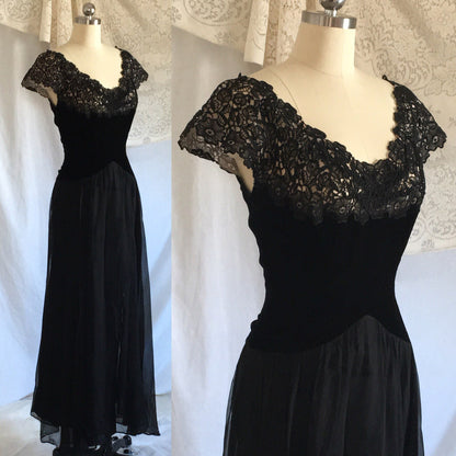 Vintage 1940's Dress | Black Velvet & Chiffon with Lace | Evening Gown | Off Shoulder | Size S - Daggers & Dames