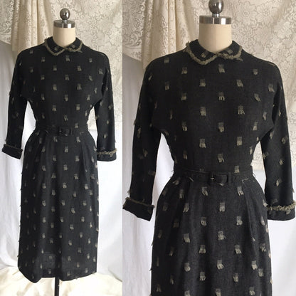 Vintage 1940's Dress | Gray Wool with Beige Fringe Embroidery | Herzberg's | Size XXS - Daggers & Dames