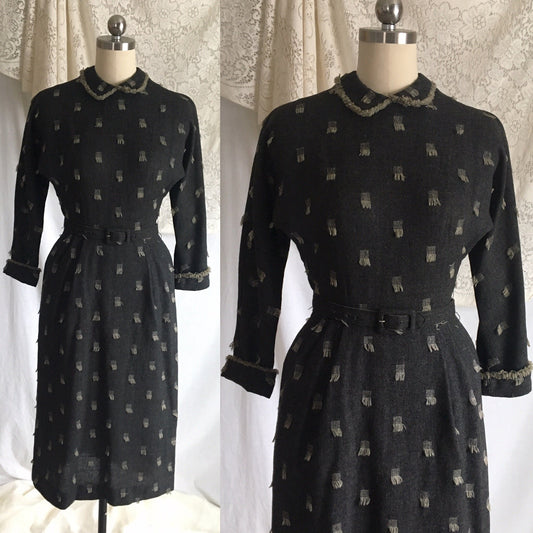 Vintage 1940's Dress | Gray Wool with Beige Fringe Embroidery | Herzberg's | Size XXS - Daggers & Dames