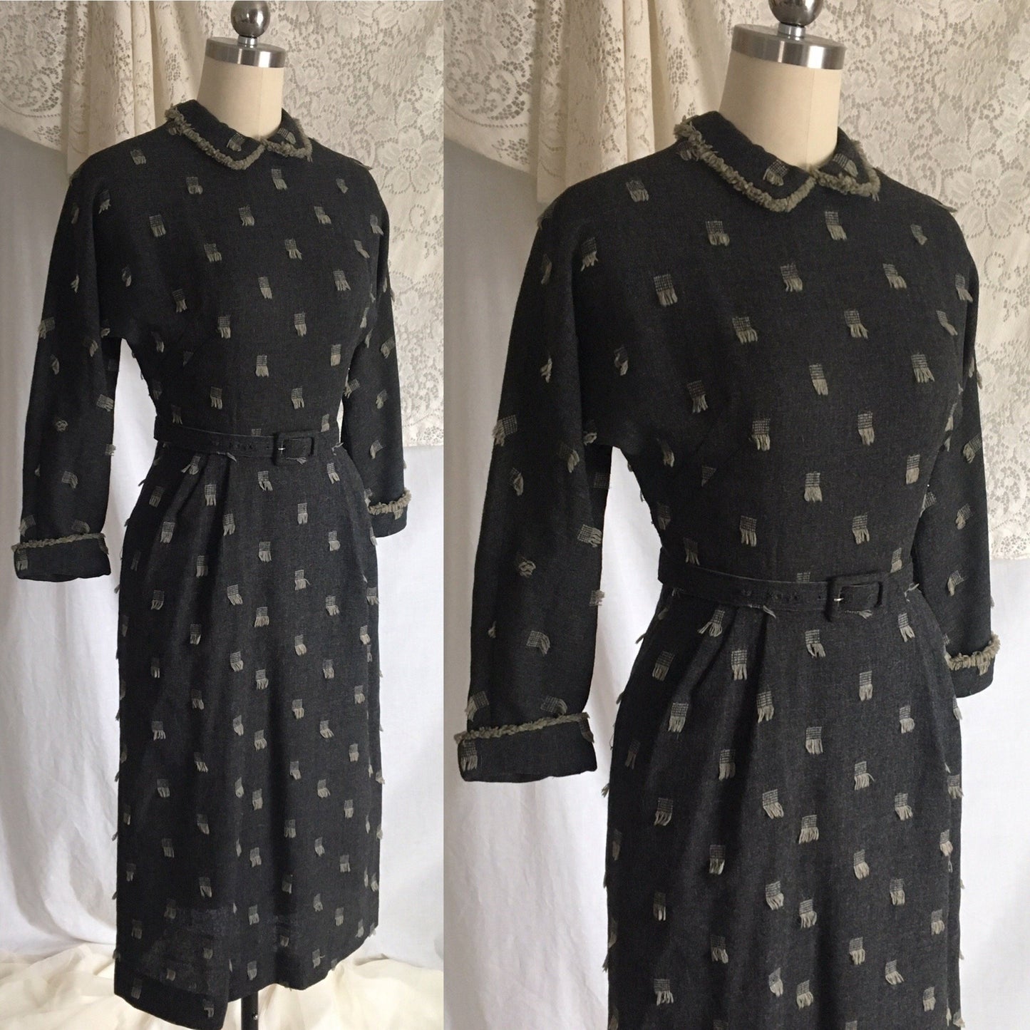 Vintage 1940's Dress | Gray Wool with Beige Fringe Embroidery | Herzberg's | Size XXS - Daggers & Dames