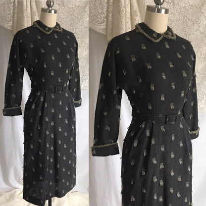 Vintage 1940's Dress | Gray Wool with Beige Fringe Embroidery | Herzberg's | Size XXS - Daggers & Dames