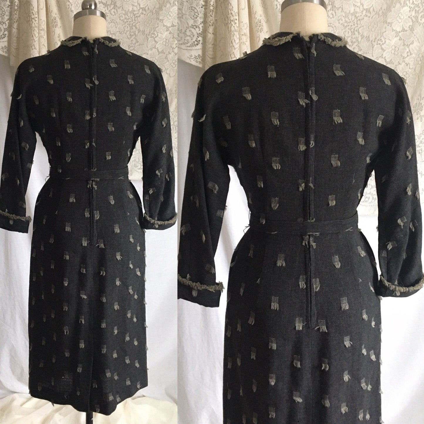 Vintage 1940's Dress | Gray Wool with Beige Fringe Embroidery | Herzberg's | Size XXS - Daggers & Dames