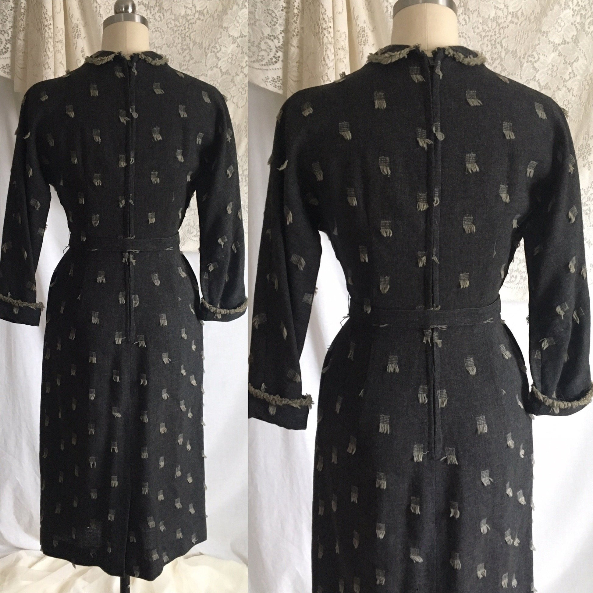 Vintage 1940's Dress | Gray Wool with Beige Fringe Embroidery | Herzberg's | Size XXS - Daggers & Dames