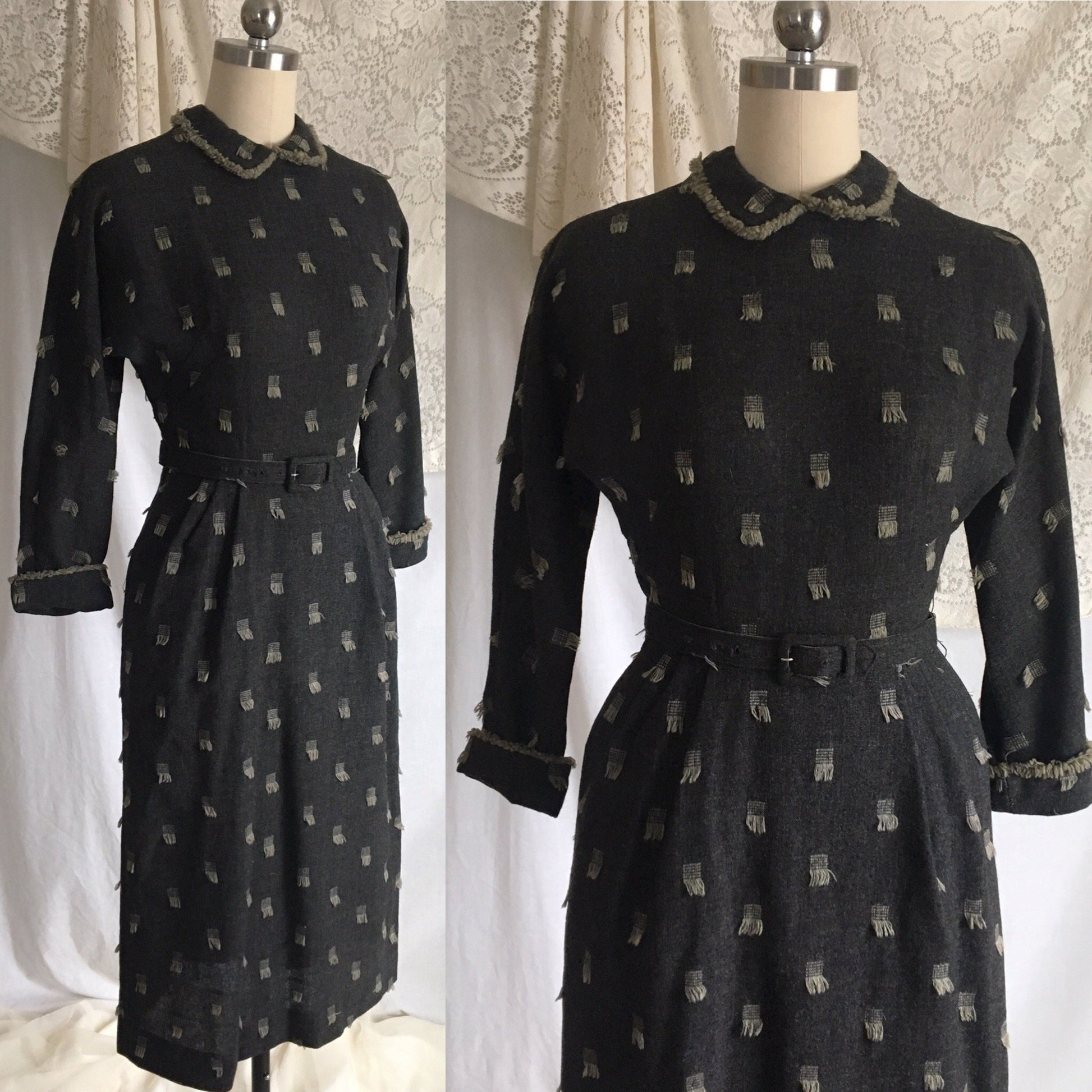 Vintage 1940's Dress | Gray Wool with Beige Fringe Embroidery | Herzberg's | Size XXS - Daggers & Dames