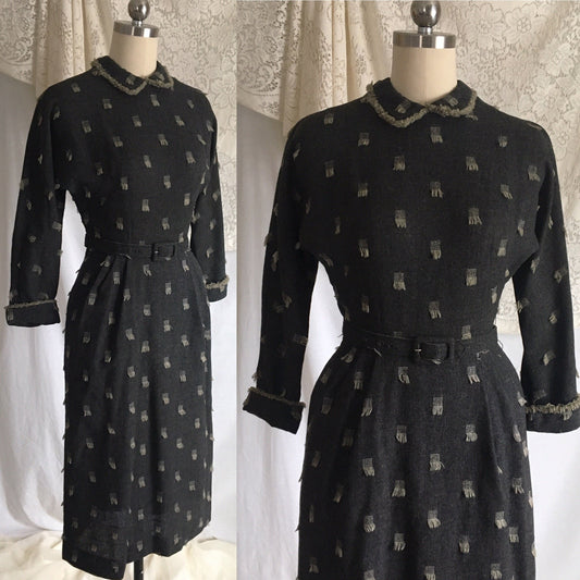 Vintage 1940's Dress | Gray Wool with Beige Fringe Embroidery | Herzberg's | Size XXS - Daggers & Dames