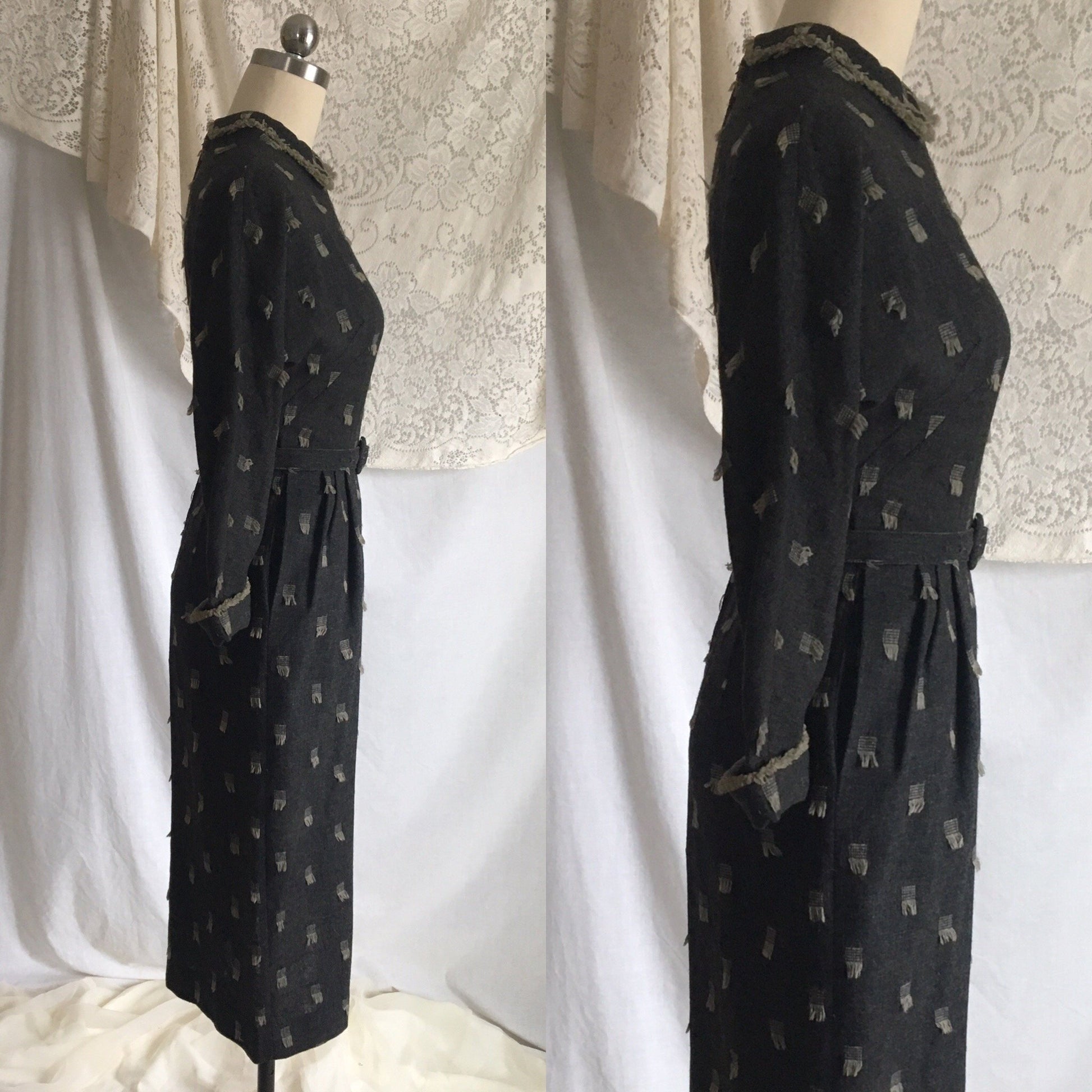 Vintage 1940's Dress | Gray Wool with Beige Fringe Embroidery | Herzberg's | Size XXS - Daggers & Dames