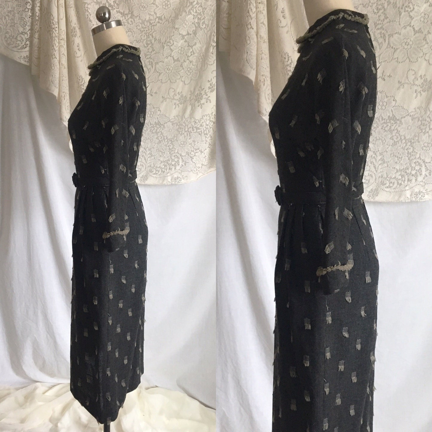 Vintage 1940's Dress | Gray Wool with Beige Fringe Embroidery | Herzberg's | Size XXS - Daggers & Dames