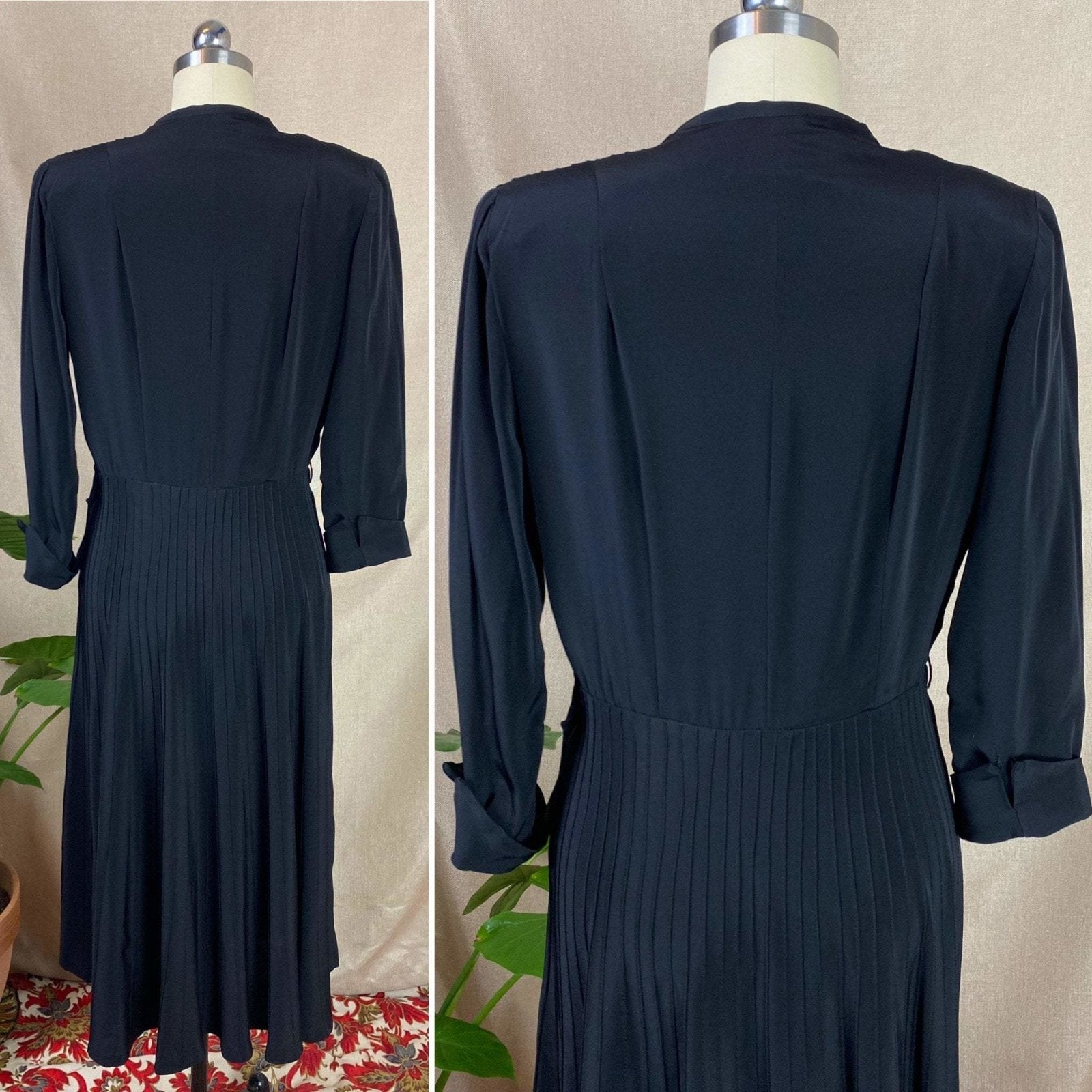 Vintage 1940's Dress | Inky Black Rayon with Pintucking | Size S | Ann Sutton - Daggers & Dames