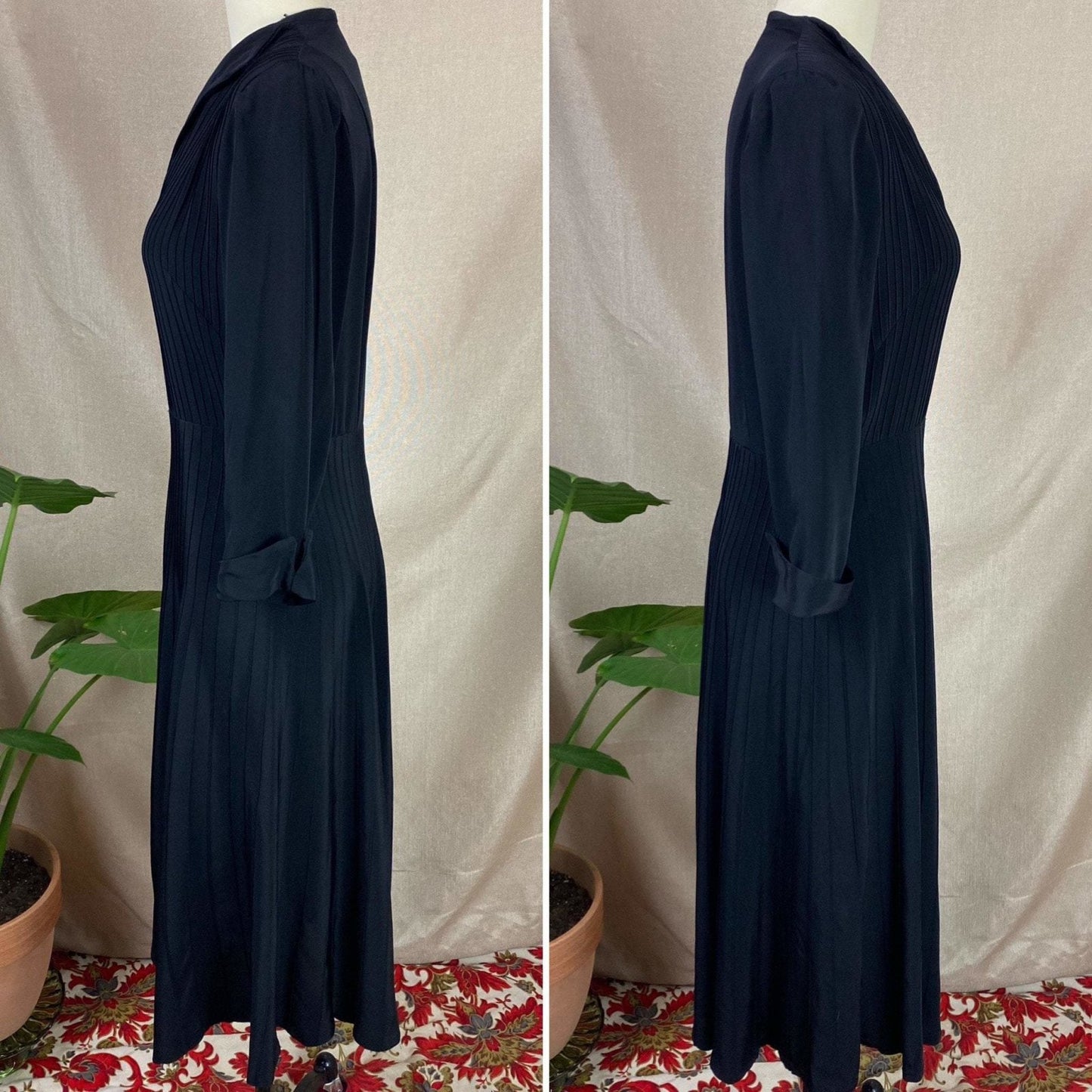 Vintage 1940's Dress | Inky Black Rayon with Pintucking | Size S | Ann Sutton - Daggers & Dames