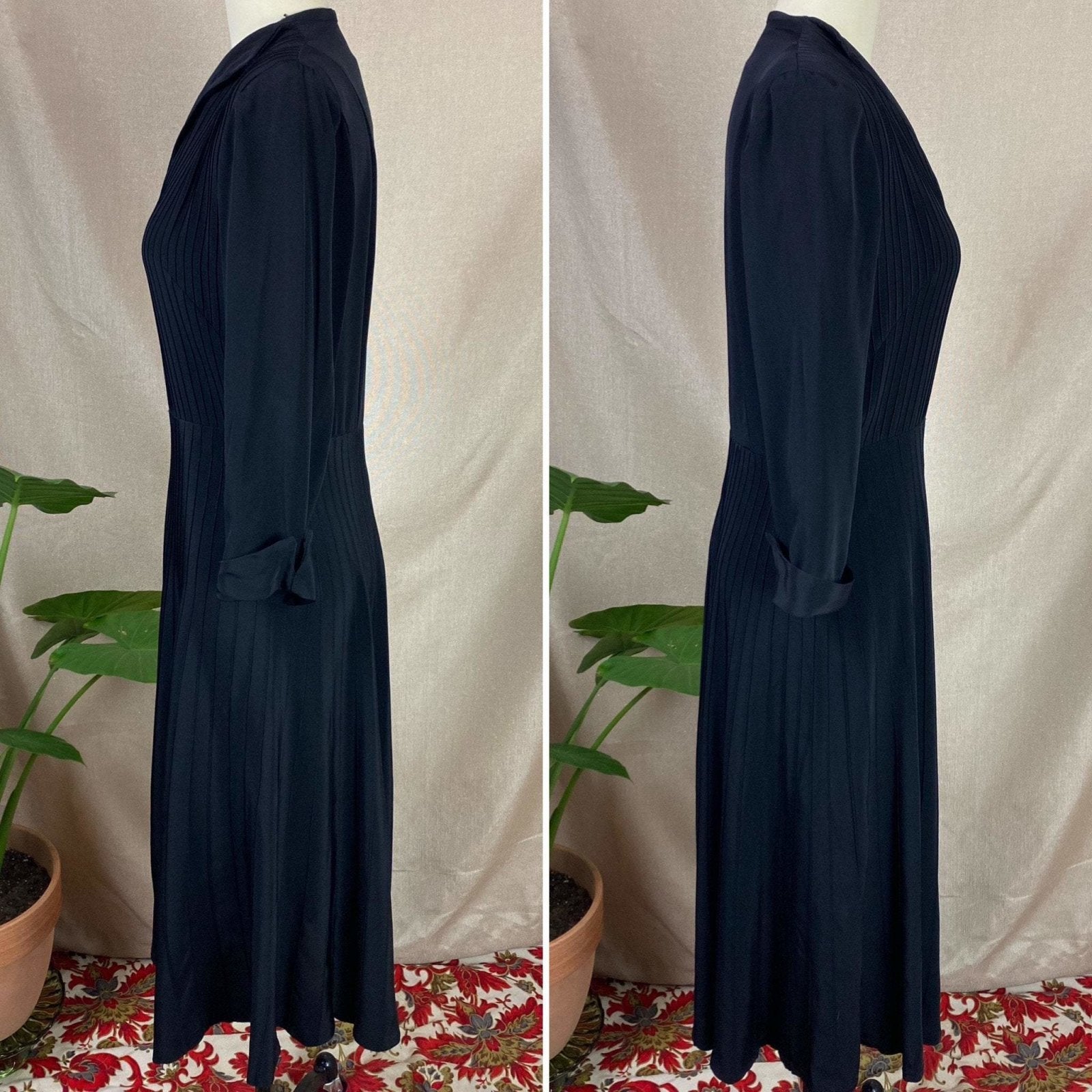 Vintage 1940's Dress | Inky Black Rayon with Pintucking | Size S | Ann Sutton - Daggers & Dames