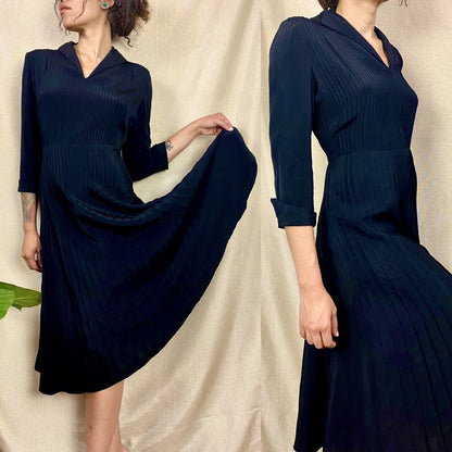 Vintage 1940's Dress | Inky Black Rayon with Pintucking | Size S | Ann Sutton - Daggers & Dames