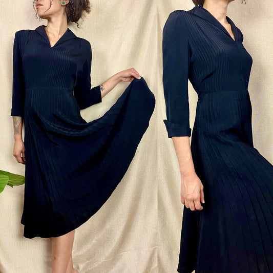 Vintage 1940's Dress | Inky Black Rayon with Pintucking | Size S | Ann Sutton - Daggers & Dames