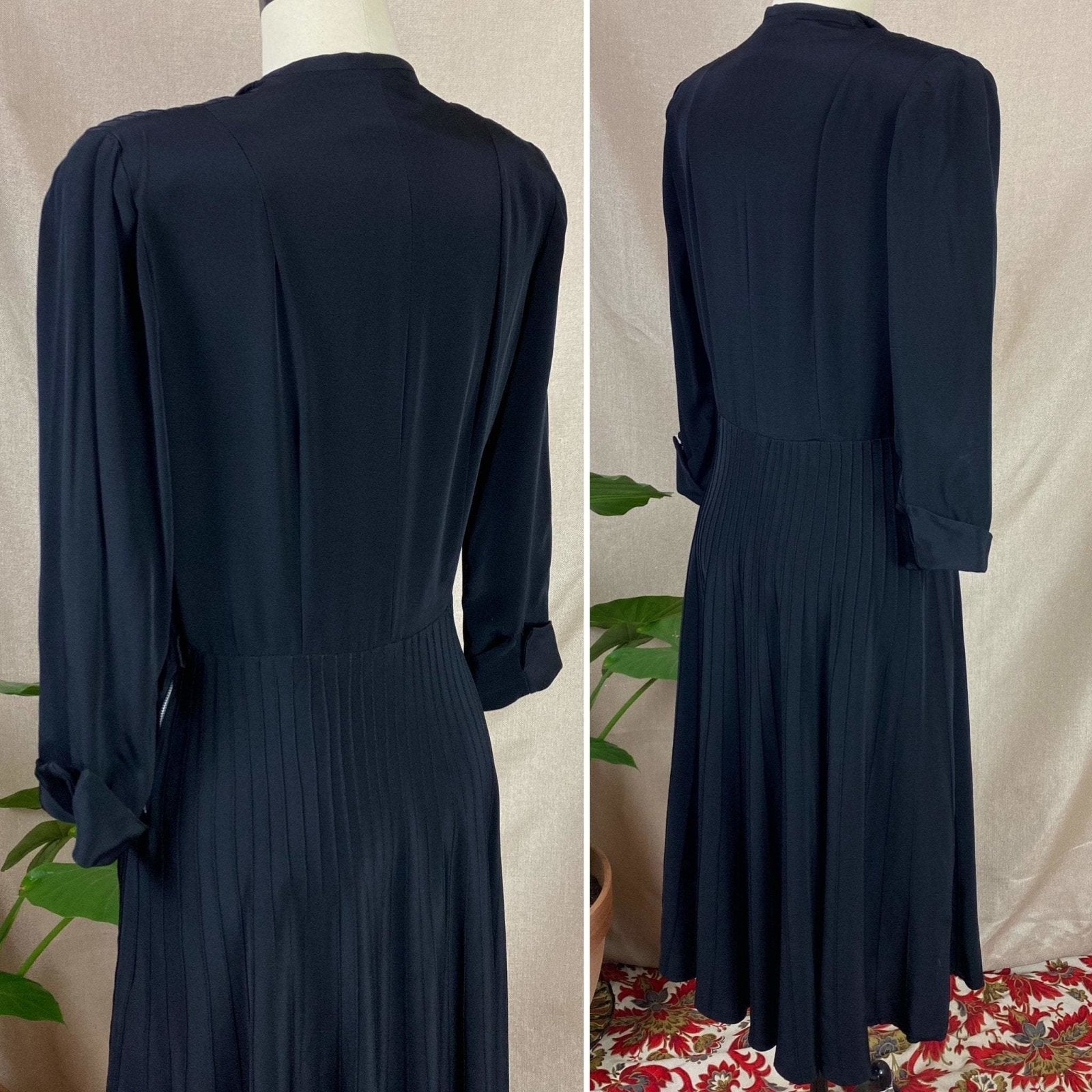 Vintage 1940's Dress | Inky Black Rayon with Pintucking | Size S | Ann Sutton - Daggers & Dames