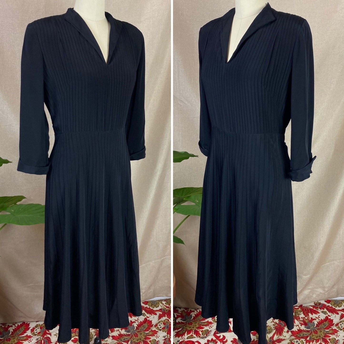 Vintage 1940's Dress | Inky Black Rayon with Pintucking | Size S | Ann Sutton - Daggers & Dames
