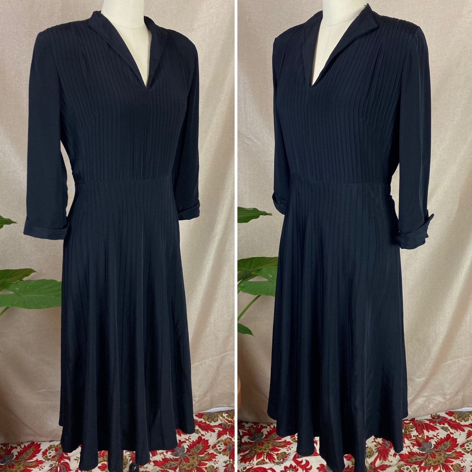 Vintage 1940's Dress | Inky Black Rayon with Pintucking | Size S | Ann Sutton - Daggers & Dames