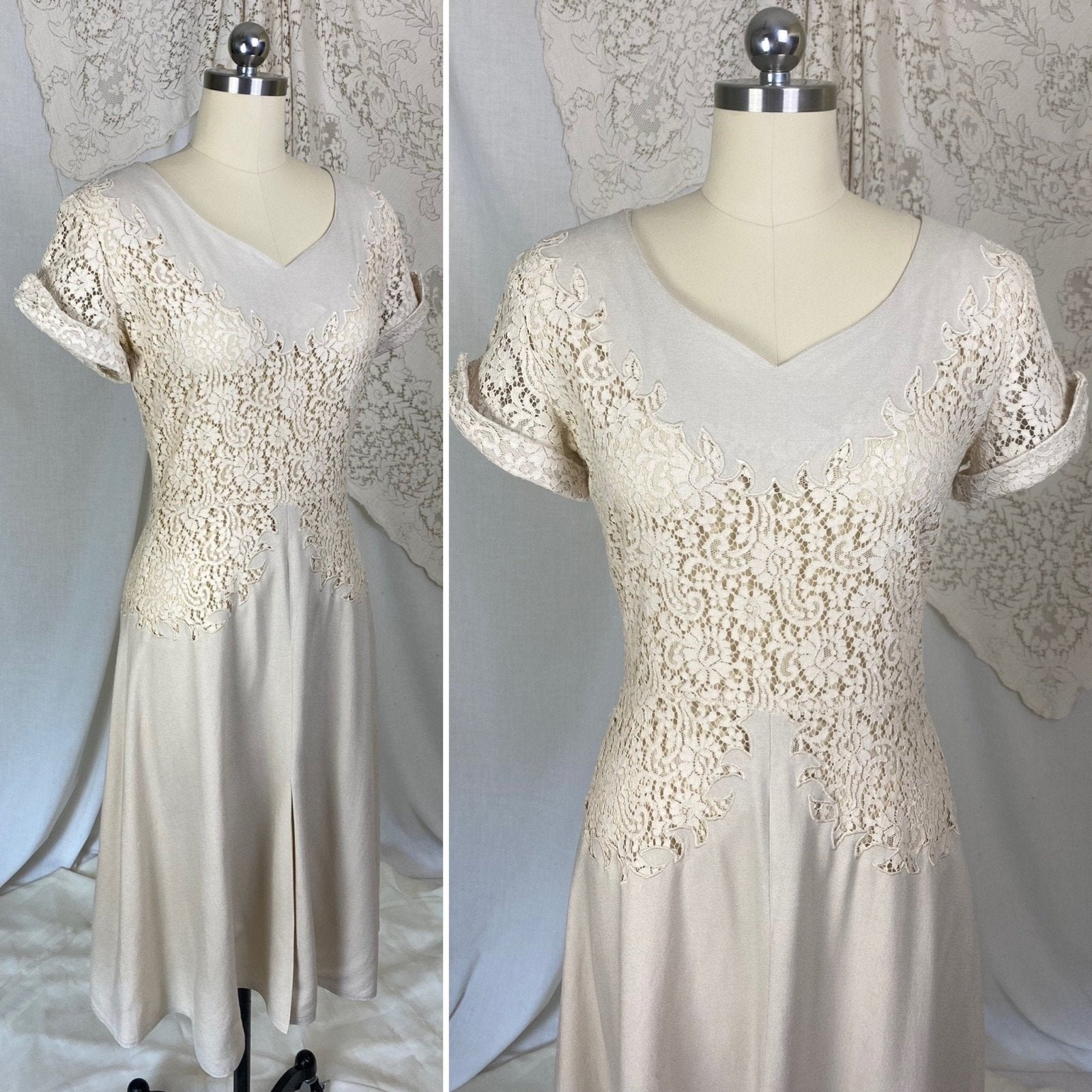 Vintage 1940's Dress | Light Nude Linen with Floral Guipure Lace | Size XS, S - Daggers & Dames