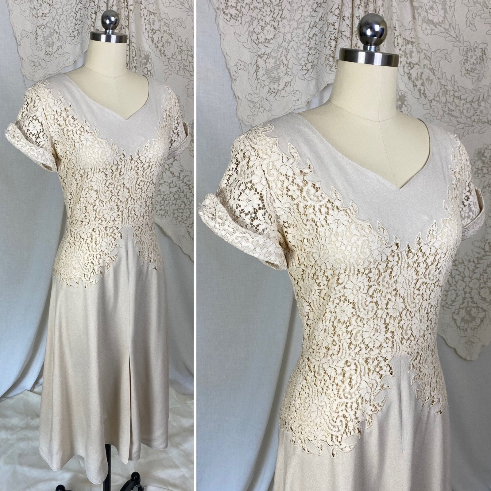 Vintage 1940's Dress | Light Nude Linen with Floral Guipure Lace | Size XS, S - Daggers & Dames