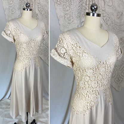 Vintage 1940's Dress | Light Nude Linen with Floral Guipure Lace | Size XS, S - Daggers & Dames