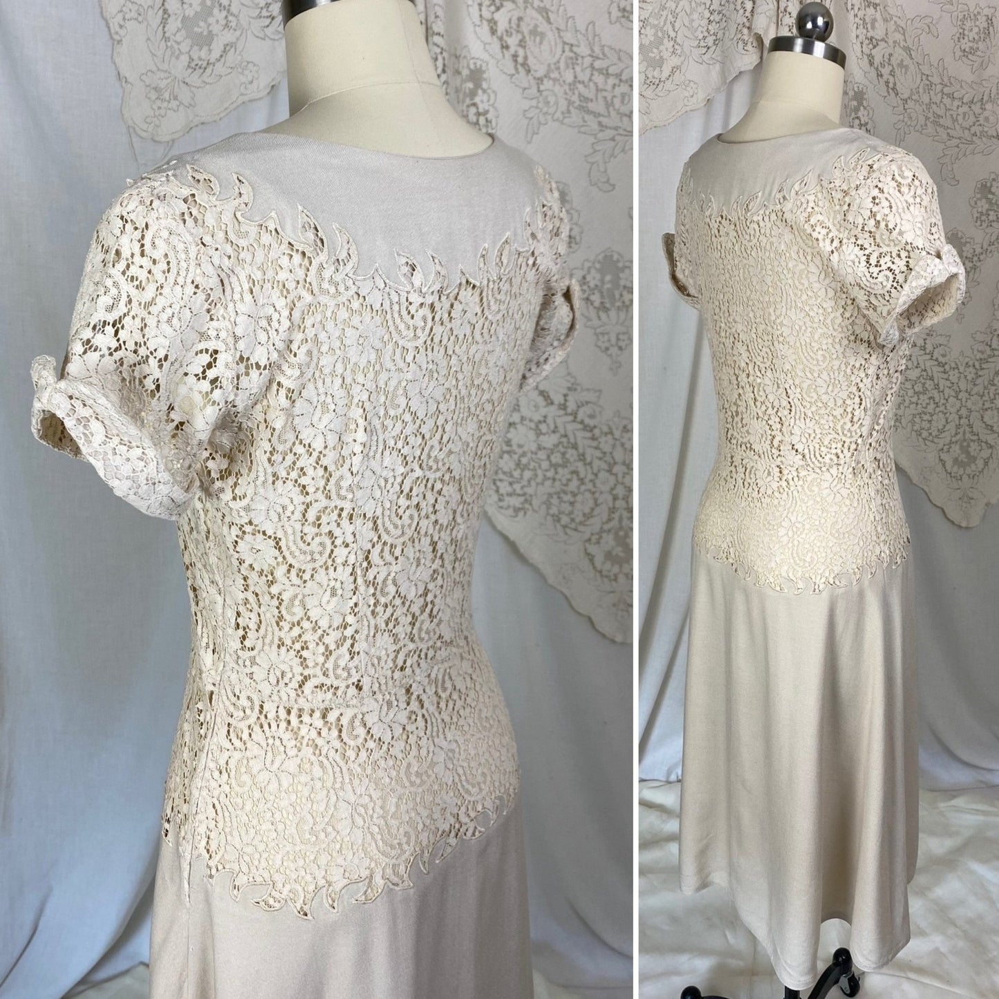Vintage 1940's Dress | Light Nude Linen with Floral Guipure Lace | Size XS, S - Daggers & Dames