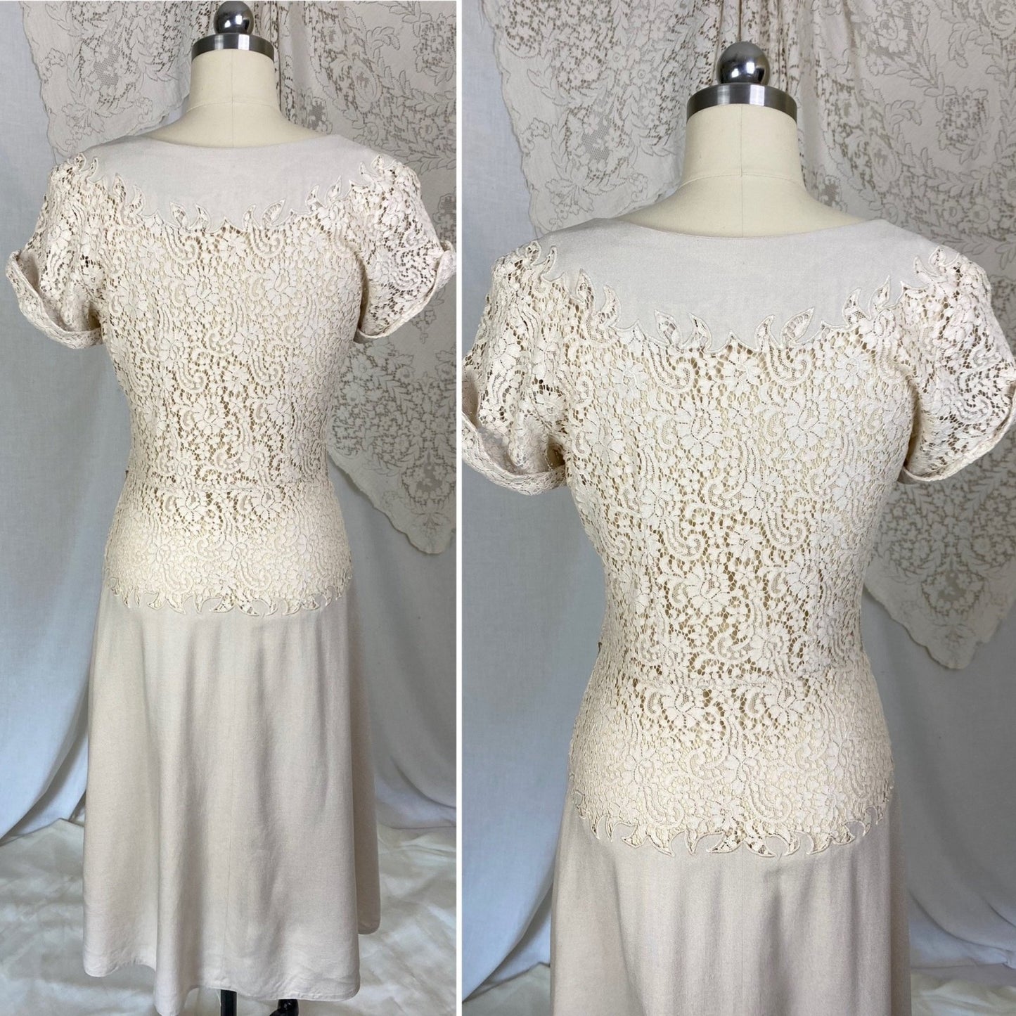 Vintage 1940's Dress | Light Nude Linen with Floral Guipure Lace | Size XS, S - Daggers & Dames