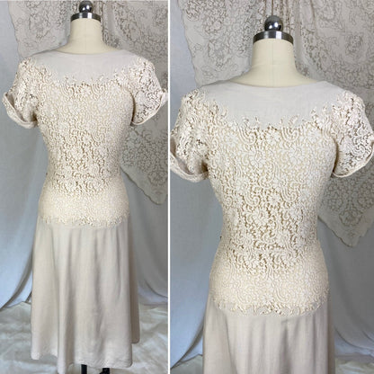 Vintage 1940's Dress | Light Nude Linen with Floral Guipure Lace | Size XS, S - Daggers & Dames