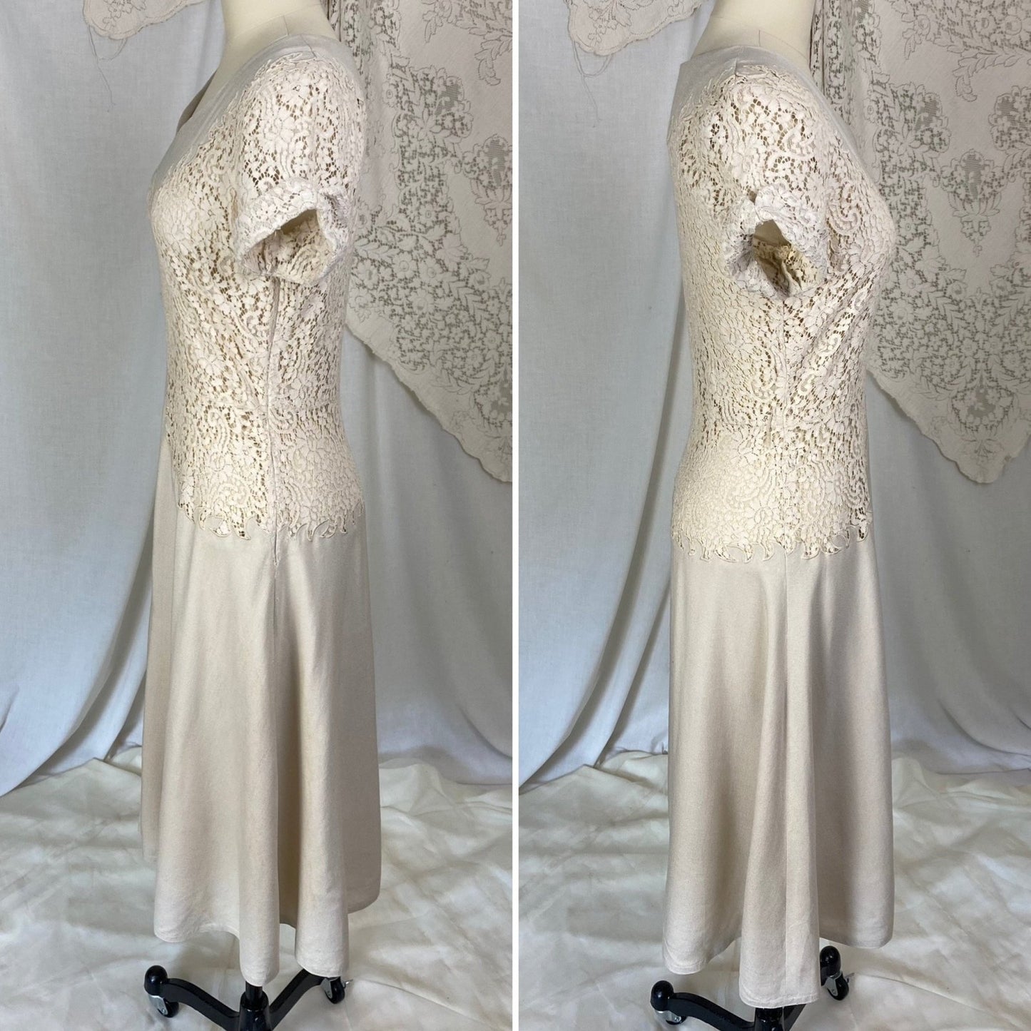 Vintage 1940's Dress | Light Nude Linen with Floral Guipure Lace | Size XS, S - Daggers & Dames